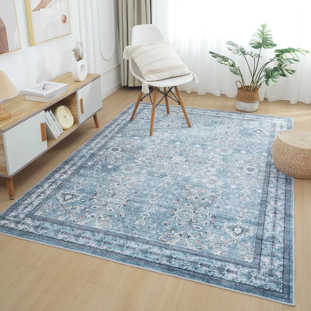 Cyan Blue Vintage Oriental Floral Rug