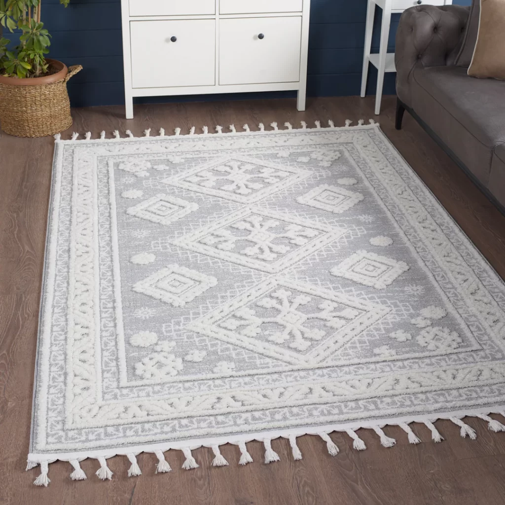 Off-White Grey Geometric Medallion Shag Rug